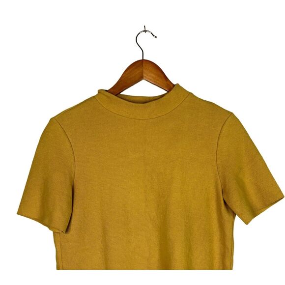 Zara Crop Ribbed Short Sleeve Mock Neck Raw Hem Crop Knit Top M Mustard Yellow - Picture 4 of 16